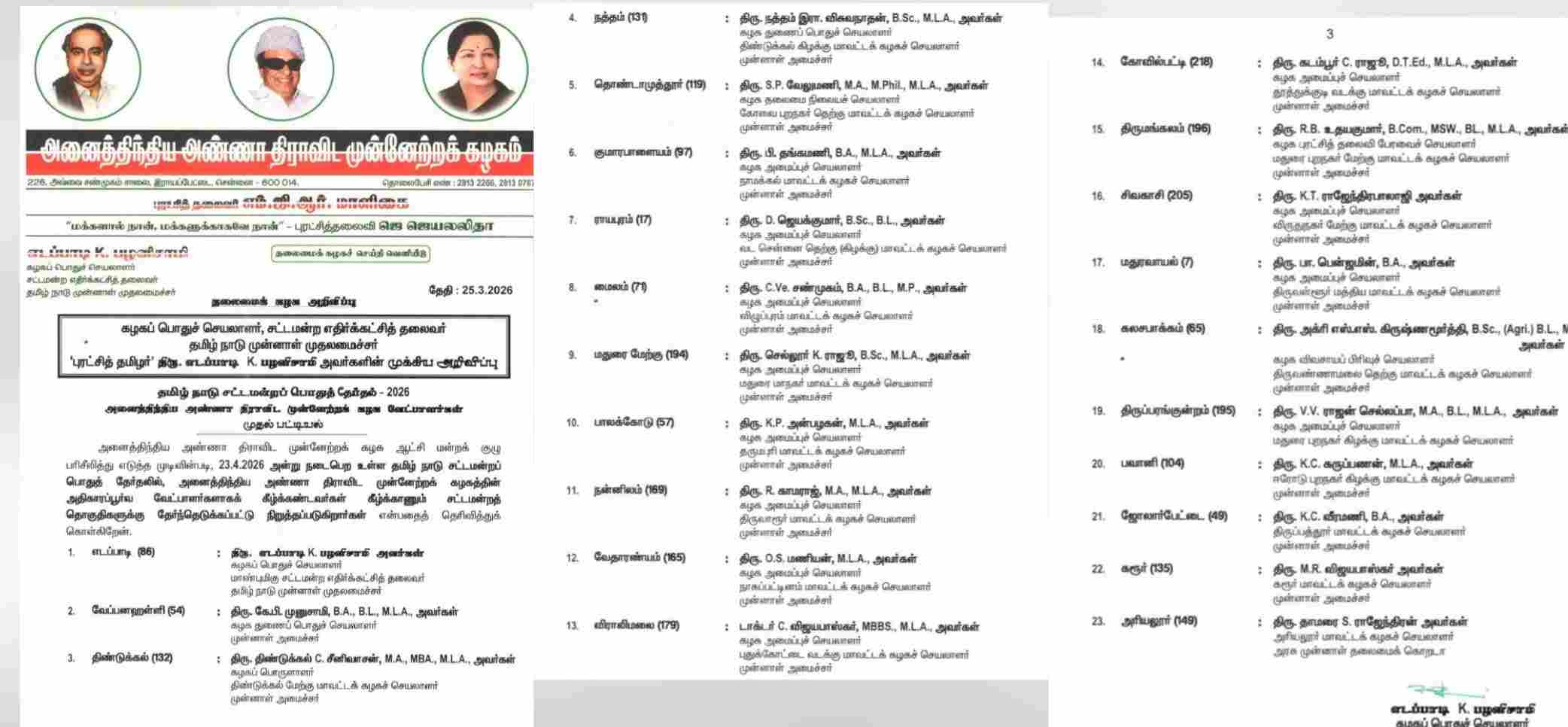 அதிமுக முதற்கட்டமாக 23 வேட்பாளர் பட்டியல் வெளியீடு