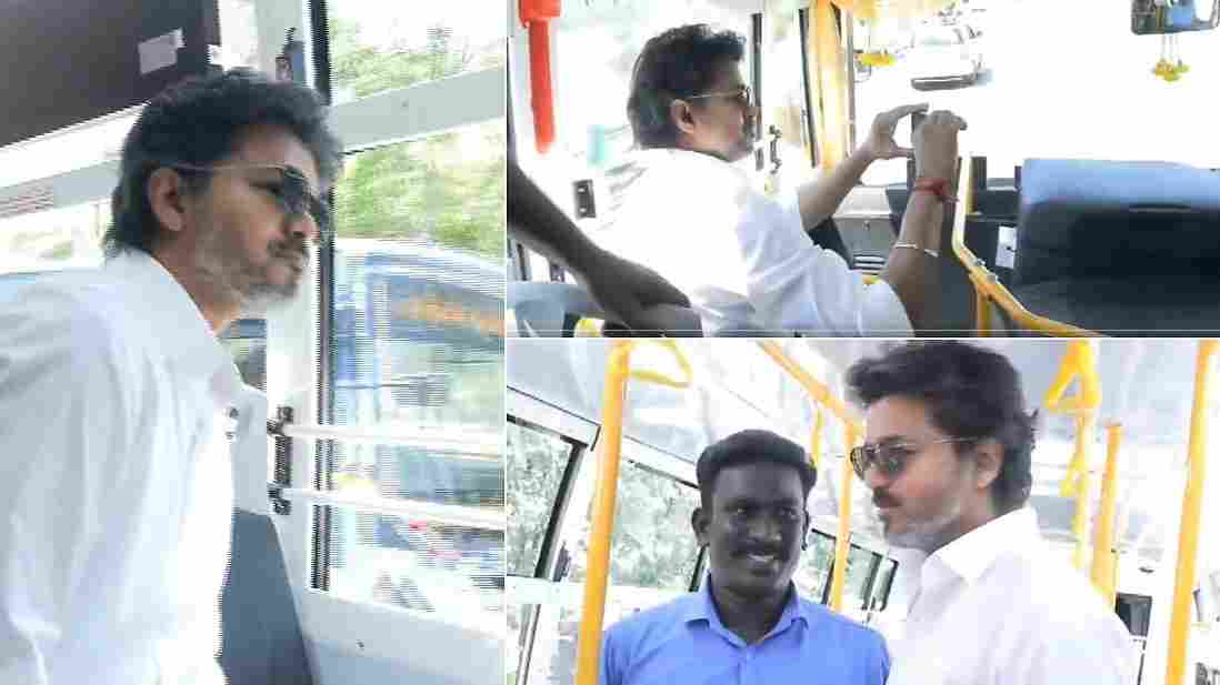 அரசுப் பேருந்தில் பயணித்த முதல்வர் விஜய்: 300 பேருந்துகள் சேவையை தொடங்கி வைத்தார்: